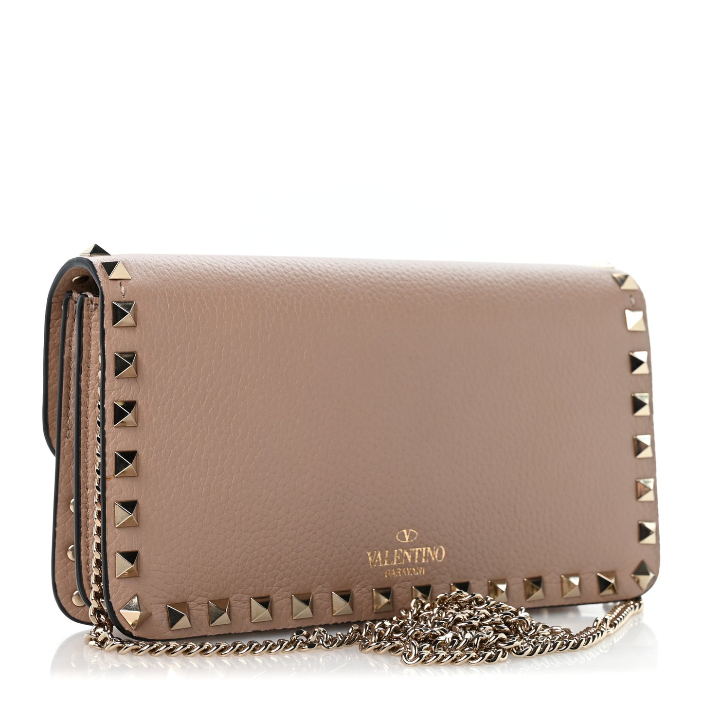 Pebbled Calfskin Rockstud Flap Wallet On Chain Poudre