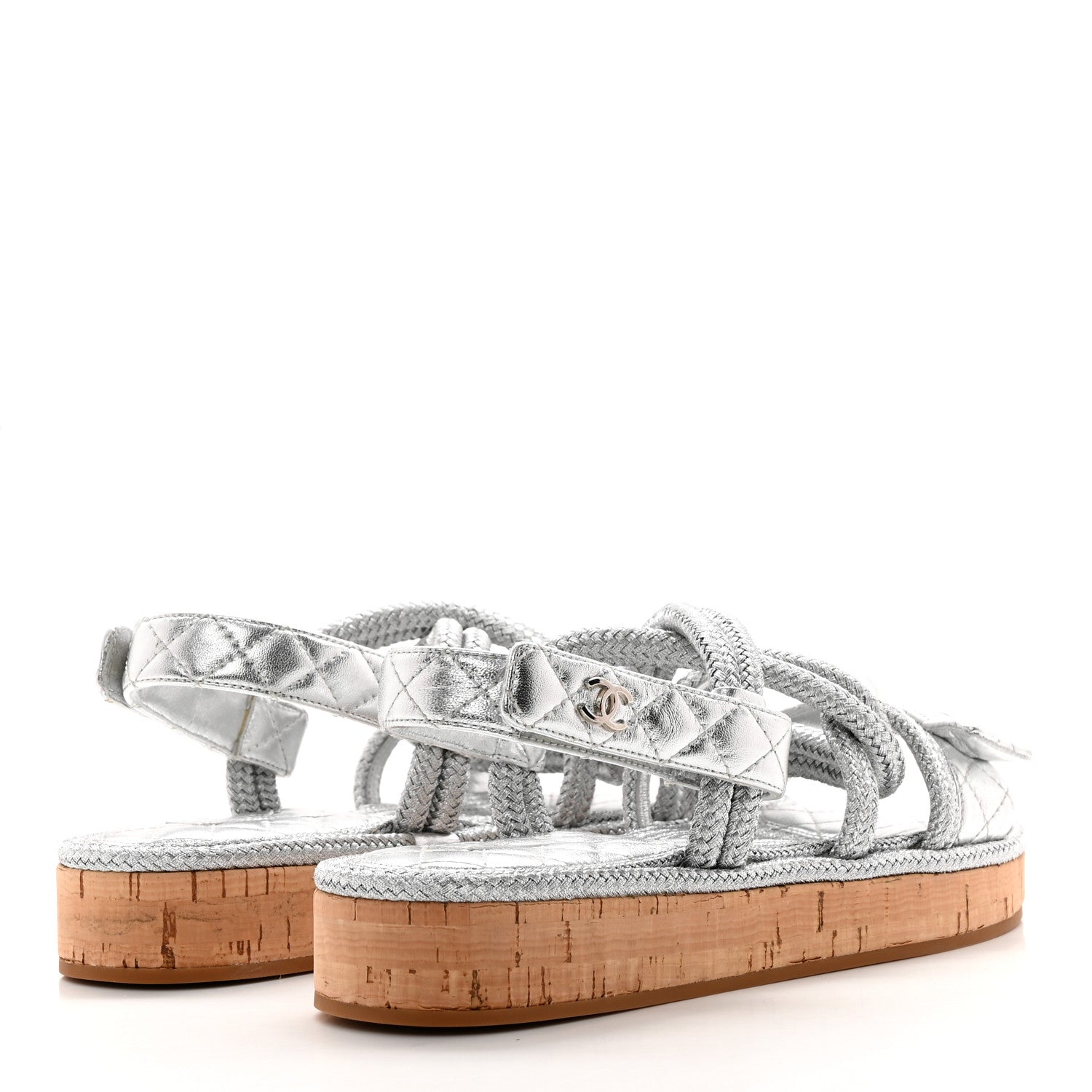 Chanel Metallic Cord Lambskin Quilted Logo Sandals 38 Silver 4 of 10