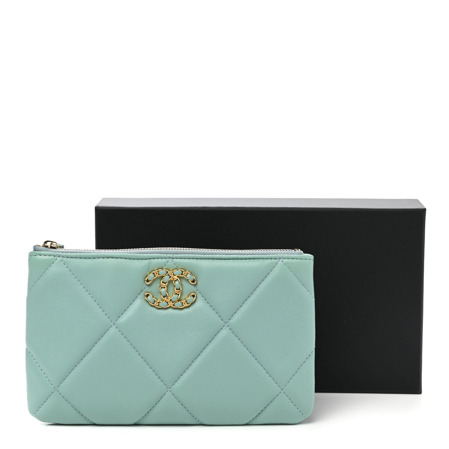 Goatskin Quilted Small Chanel 19 Pouch Light Blue