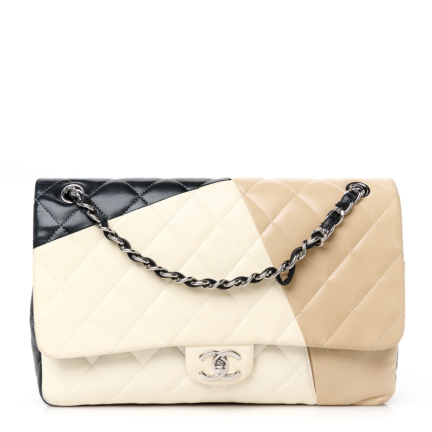 Chanel Lambskin Quilted Colorblock Jumbo Double Flap Black White Beige 1 of 13