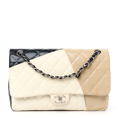 Chanel Lambskin Quilted Colorblock Jumbo Double Flap Black White Beige 1 of 13