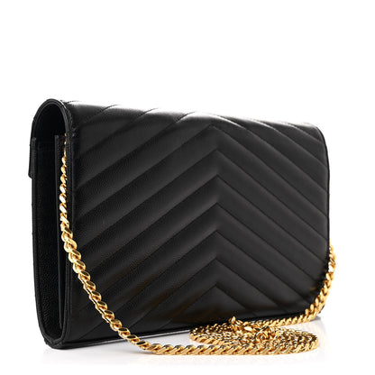 Saint Laurent Grain De Poudre Matelasse Chevron Monogram Chain Wallet Black 3 of 12