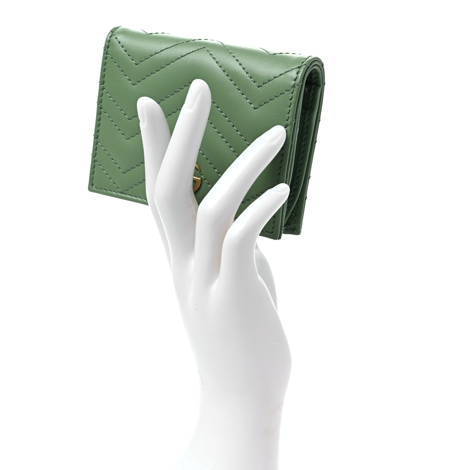 Gucci Calfskin Matelasse Chevron GG Marmont Card Case Wallet Salamander Green 2 of 7