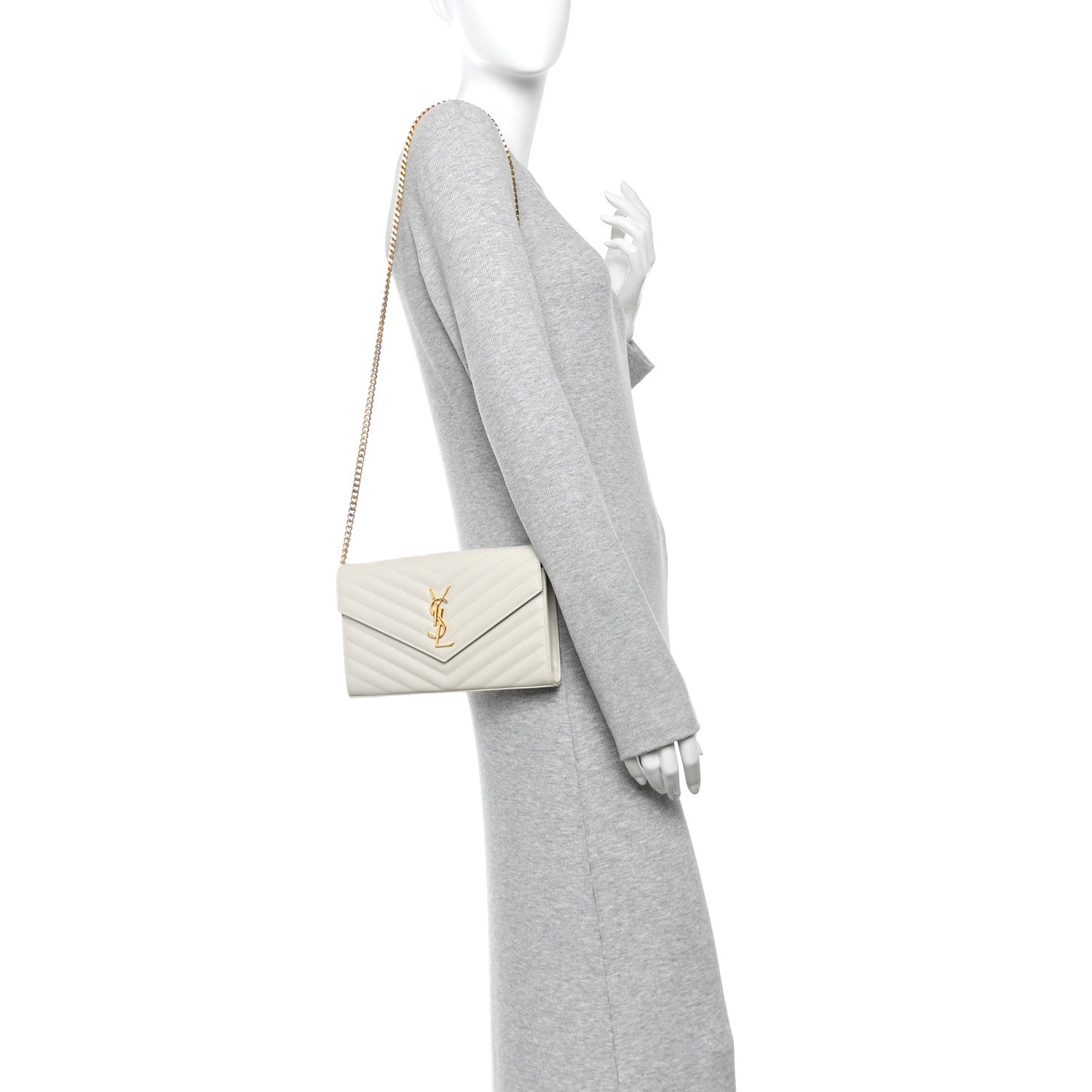 Saint Laurent Grain De Poudre Matelasse Chevron Monogram Chain Wallet Crema Soft 2 of 11