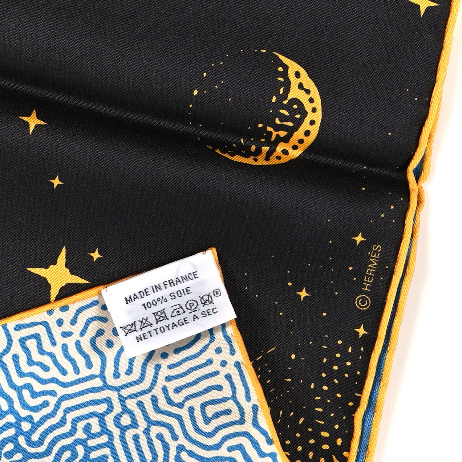 Hermes Silk Clair De Lune Double Face Scarf 90 Black Jaune D'Or Bleu 3 of 4