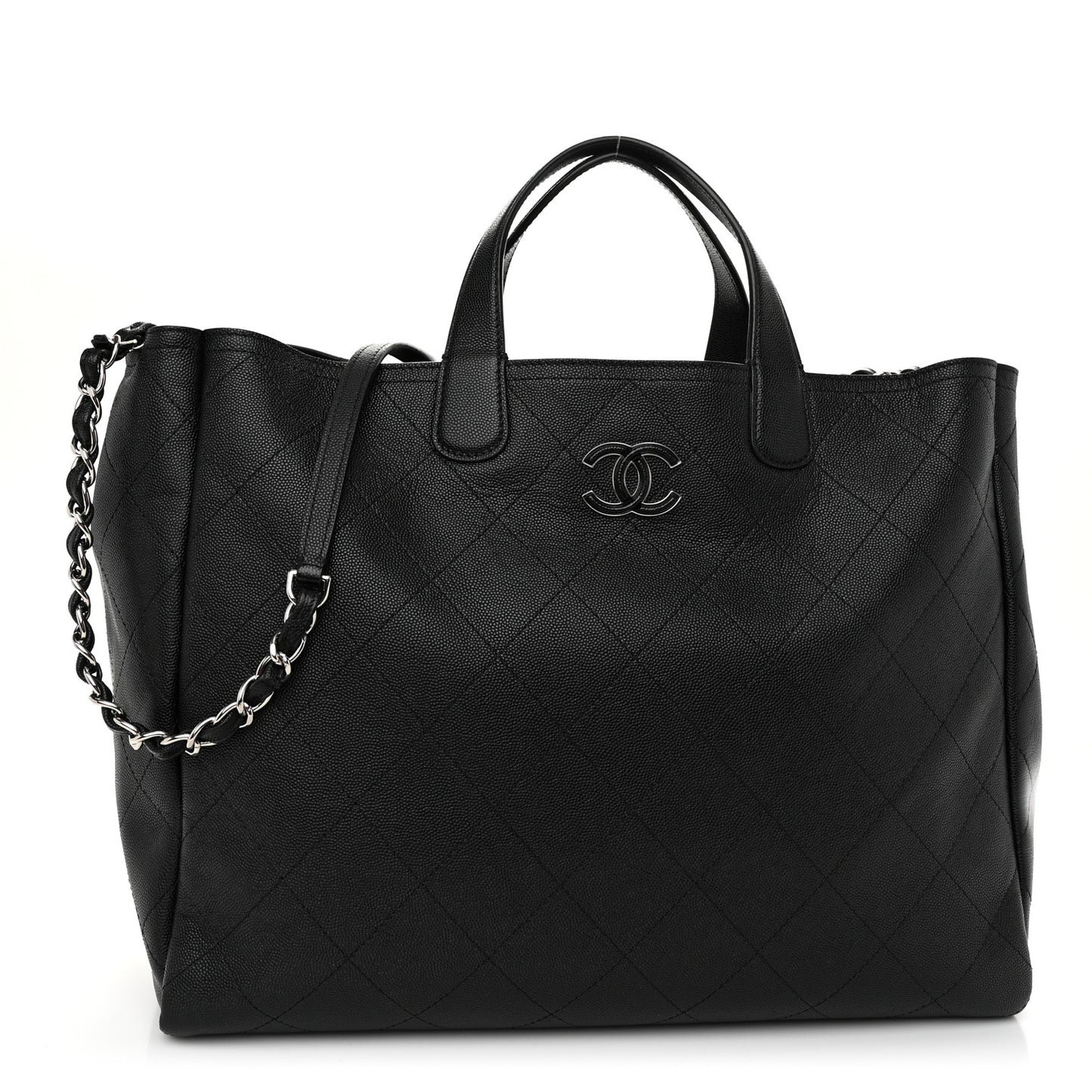 Caviar Stitched Large Lady Coco Shopping Tote Black