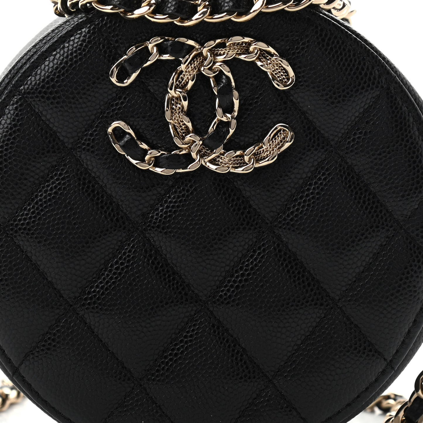Caviar Quilted French New Wave Round Clutch With Chain Black