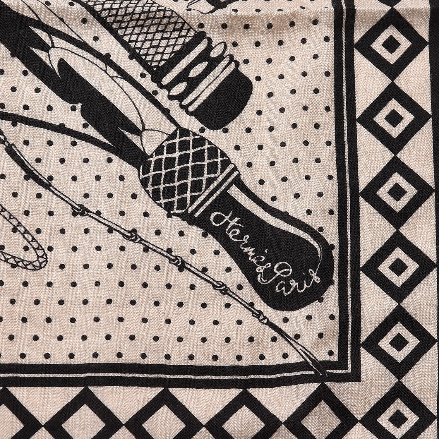 Hermes Silk Cashmere Fouets Et Badines Bandana Shawl 140 Naturel Black 3 of 5