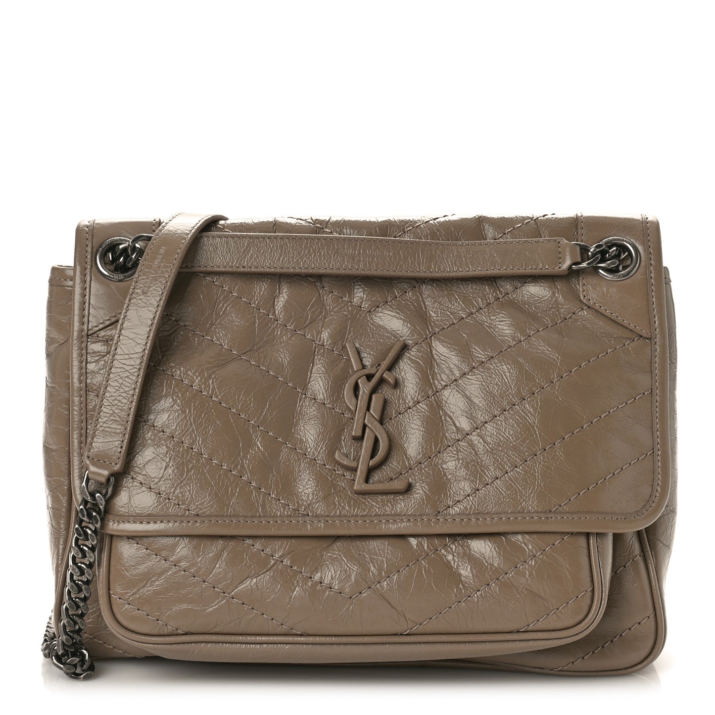Crinkled Calfskin Matelasse Monogram Medium Niki Chain Satchel Light Taupe