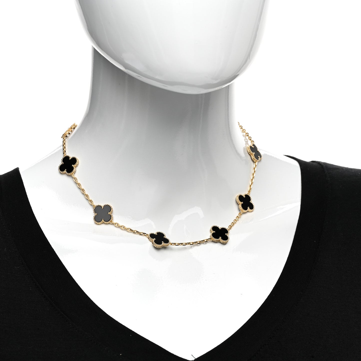 18K Yellow Gold Black Onyx 10 Motifs Vintage Alhambra Necklace