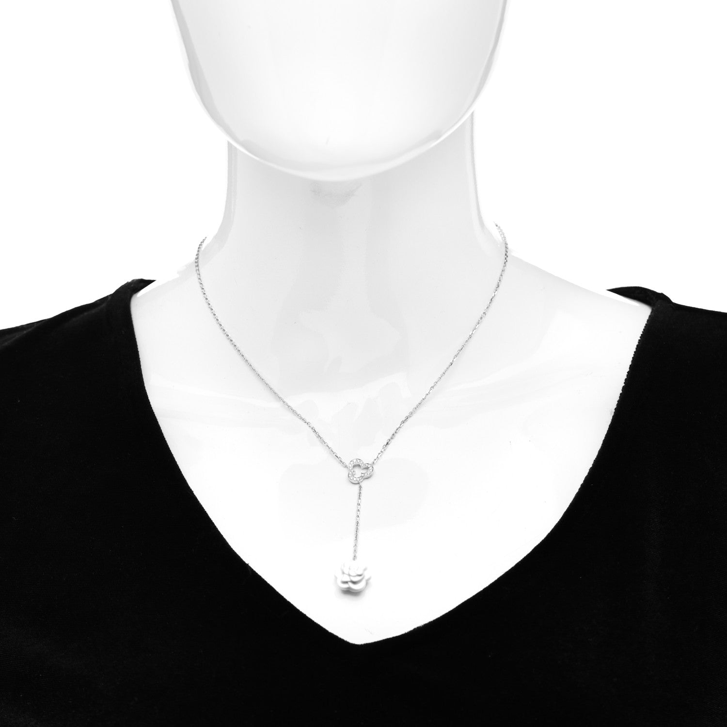 Chanel 18K White Gold Diamond Agate Camelia Sculpte Pendant Necklace 2 of 4