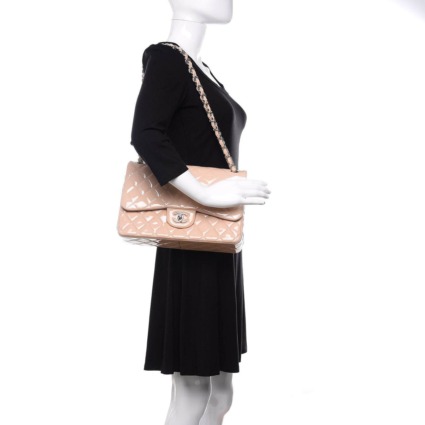 Patent Calfskin Quilted Jumbo Double Flap Beige