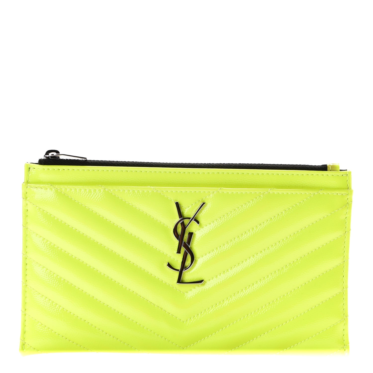 Saint Laurent Patent Grain De Poudre Matelasse Chevron Monogram Bill Pouch Neon Yellow 1 of 6