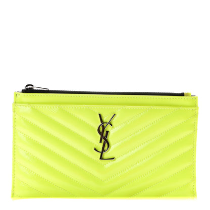 Saint Laurent Patent Grain De Poudre Matelasse Chevron Monogram Bill Pouch Neon Yellow 1 of 6