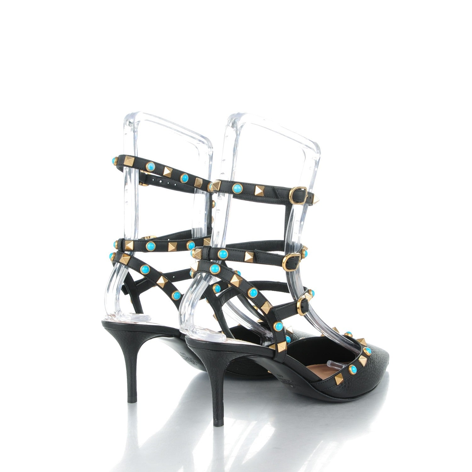Valentino Garavani Pebbled Calfskin Turquoise Rockstud Rolling Ankle Strap 65mm Pumps 40 Black 4 of 7