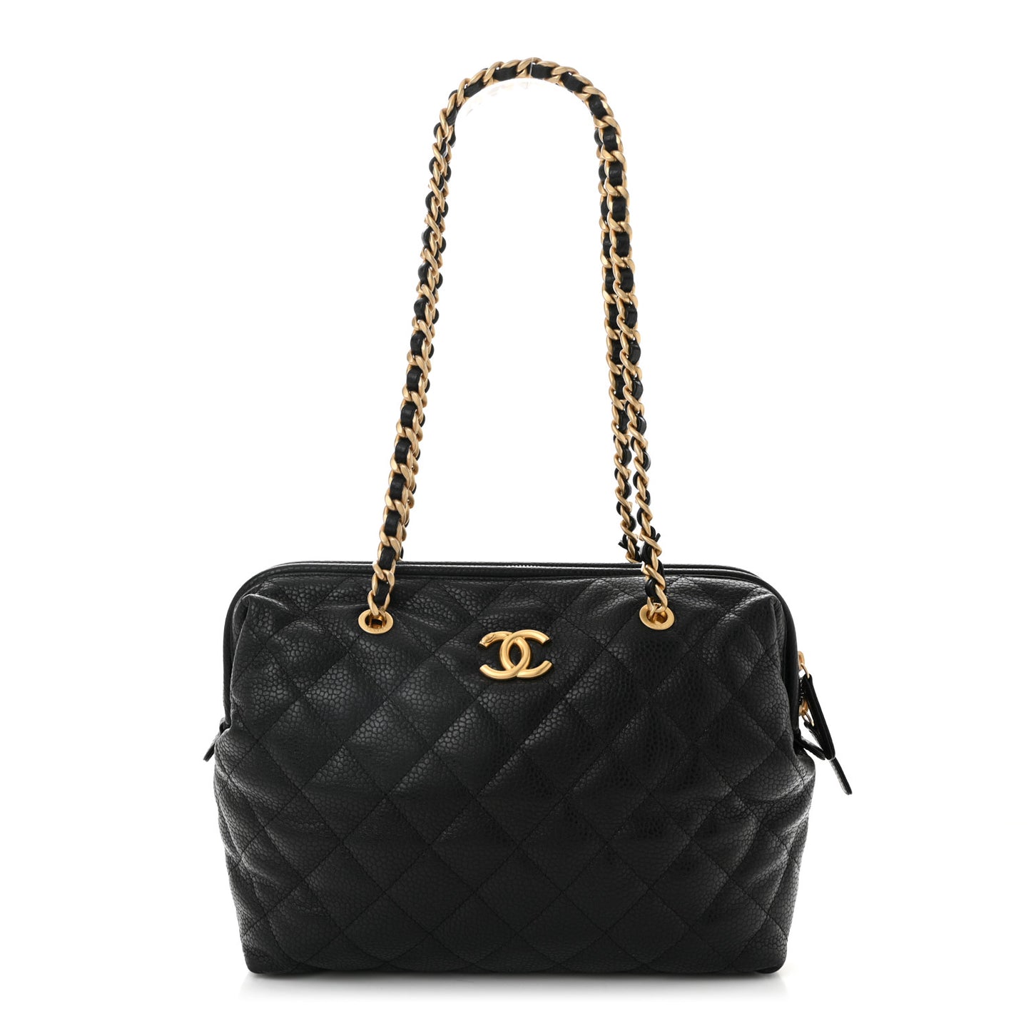 Shiny Caviar Quilted Large Bowling Bag Black