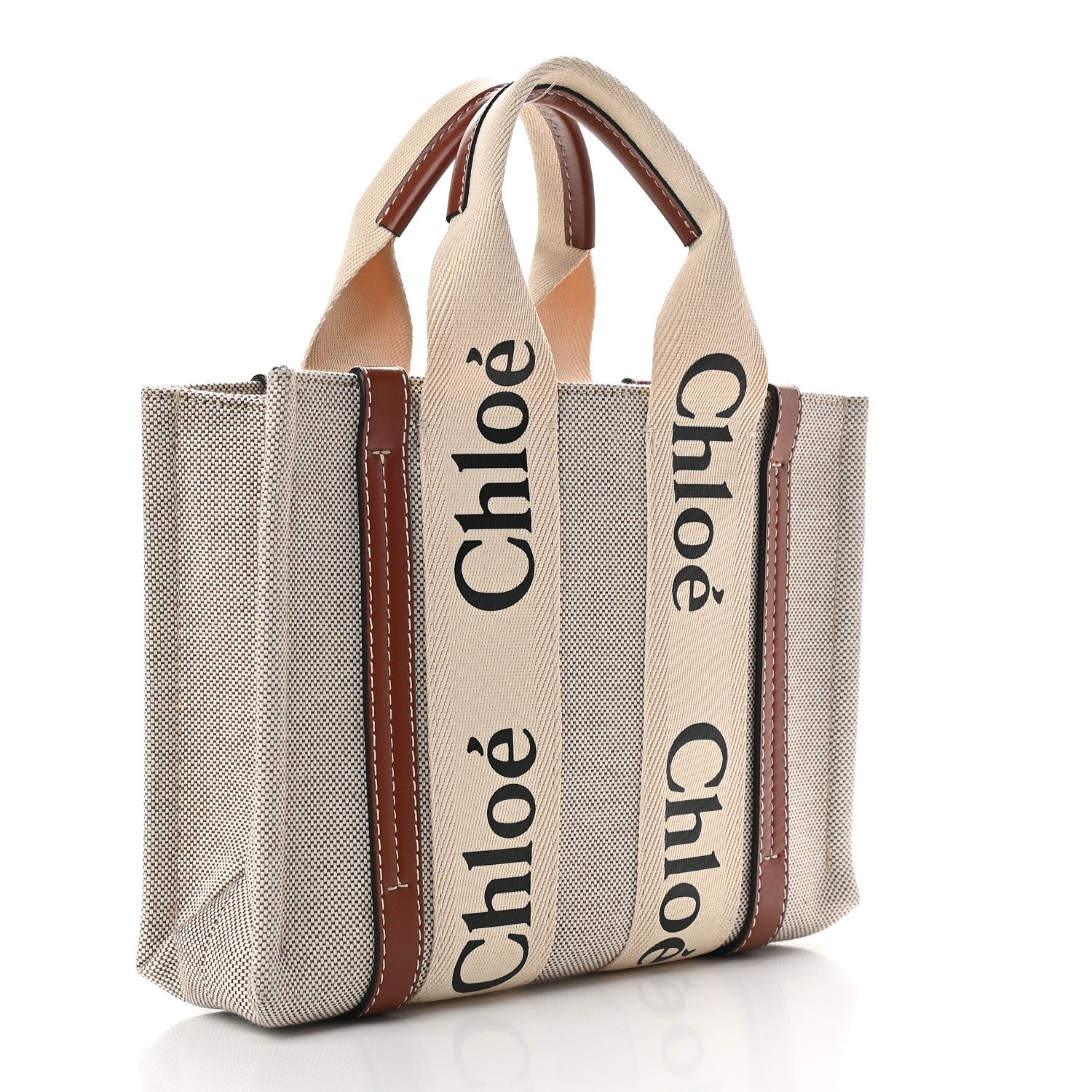 Chloe Cotton Calfskin Small Woody Ribbon Tote White Brown 3 of 9