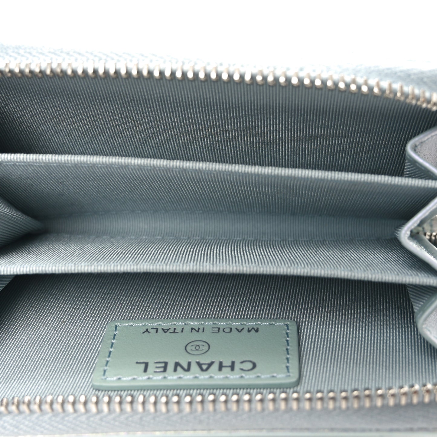Iridescent Calfskin Quilted Zip Coin Purse Wallet Light Blue