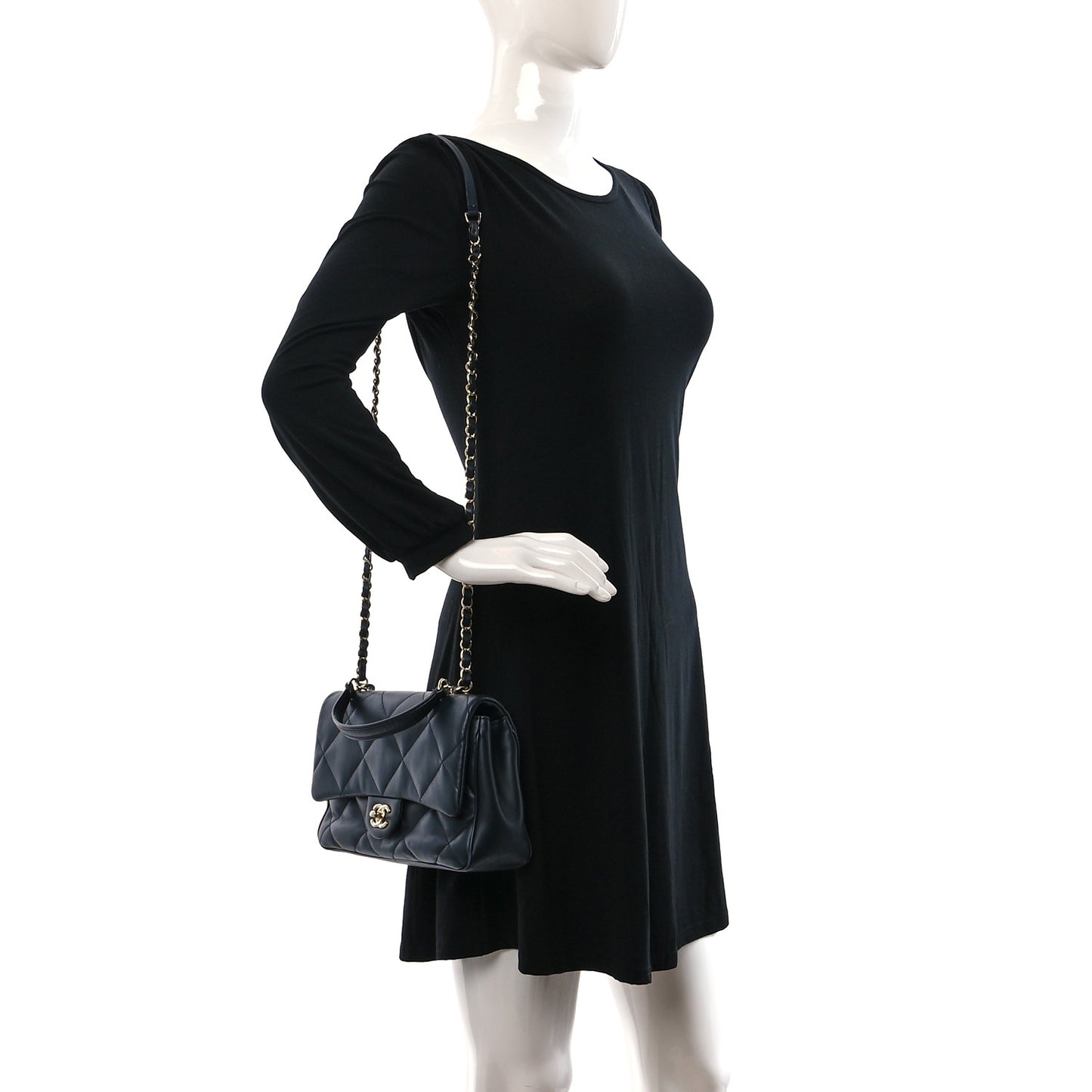 Calfskin Quilted Top Handle Single Flap Navy