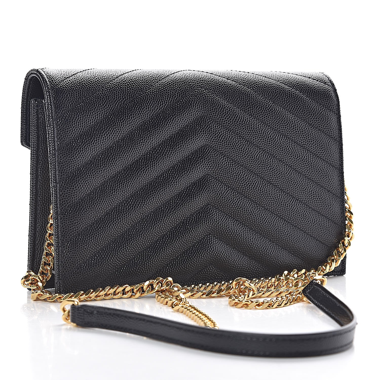 Saint Laurent Grain De Poudre Matelasse Chevron Monogram Envelope Chain Wallet Black 3 of 13