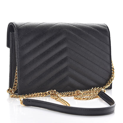 Saint Laurent Grain De Poudre Matelasse Chevron Monogram Envelope Chain Wallet Black 3 of 13