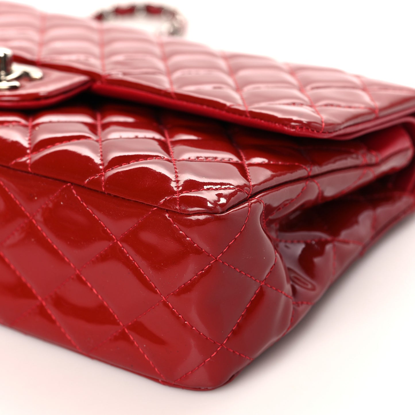 Patent Calfskin Quilted Medium Double Flap Dark Red