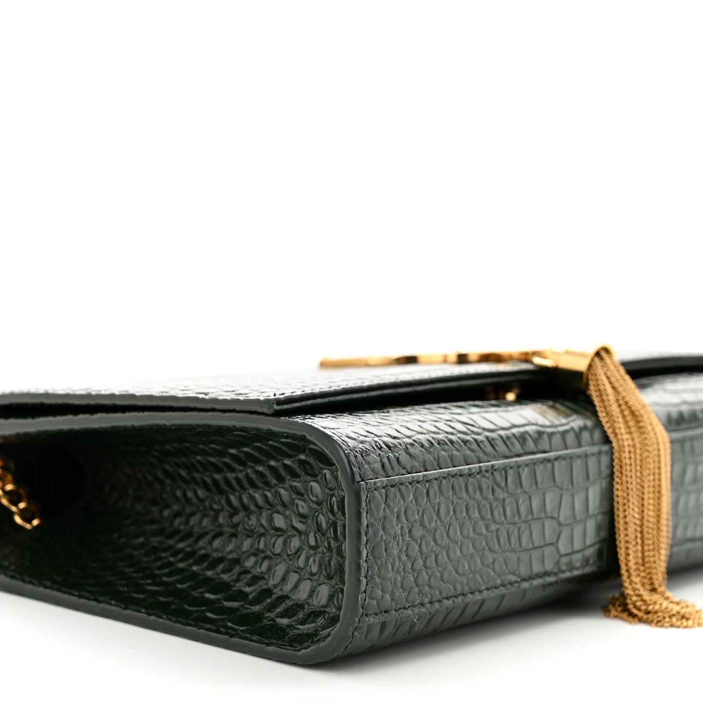 Calfskin Crocodile Embossed Medium Classic Monogram Kate Tassel Satchel Dark Mint