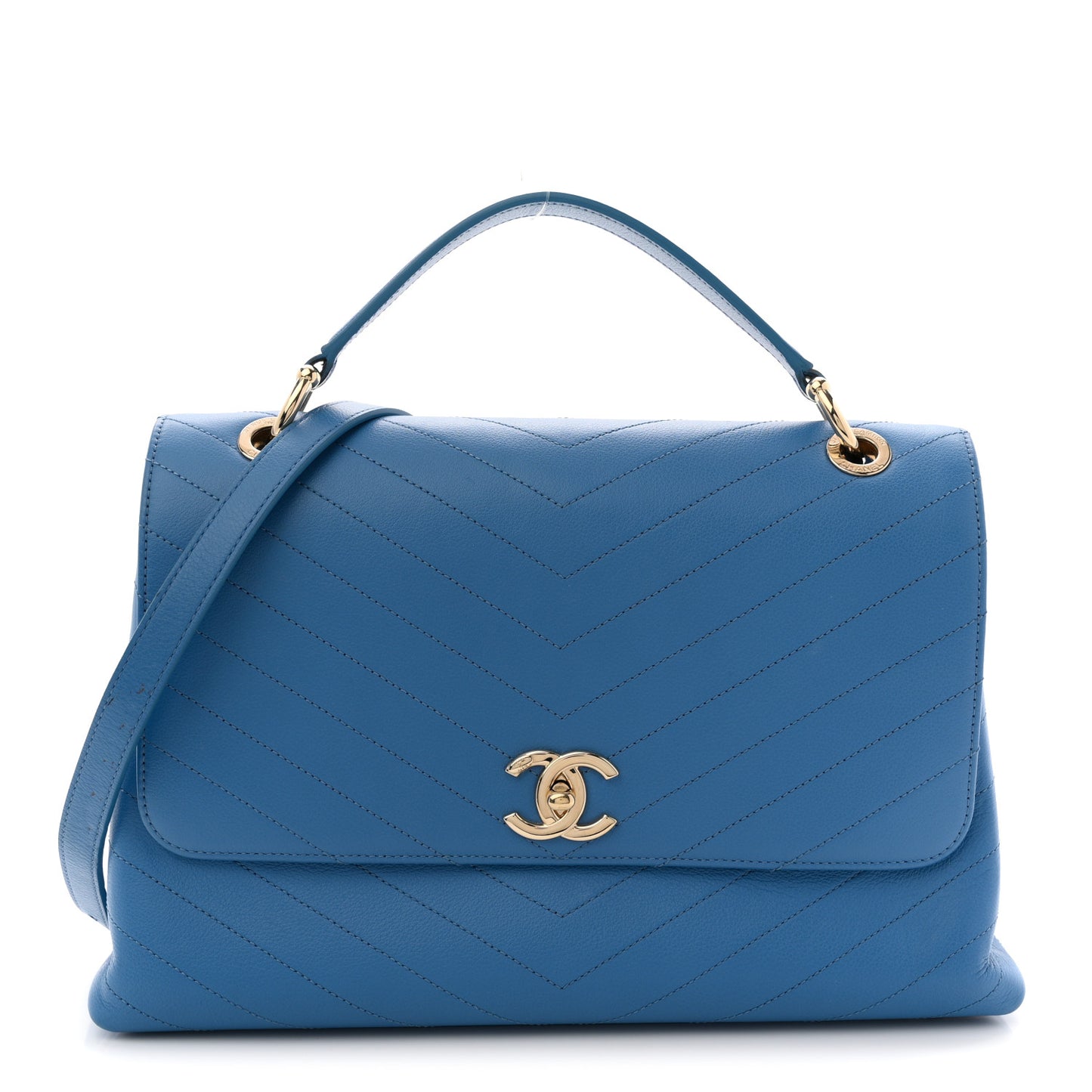 Grained Calfskin Medium Chevron Chic Top Handle Flap Blue