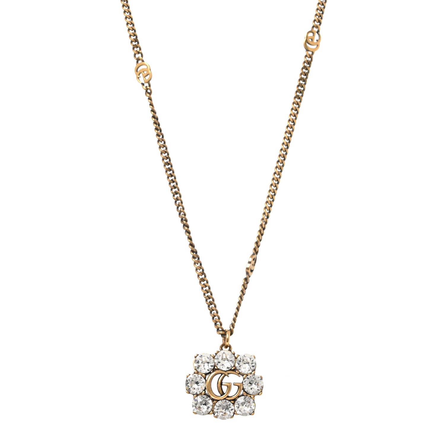 Gucci Crystal Embellished Double G Necklace Aged Gold 1893468