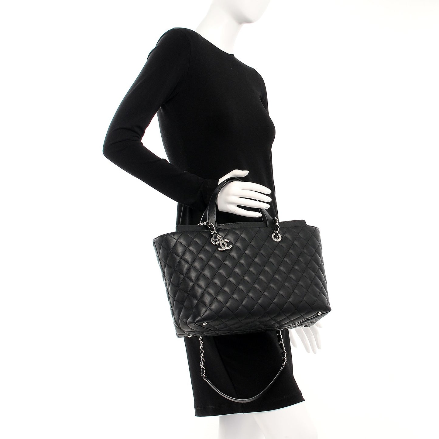 Calfskin Quilted Large Shopping Tote Black