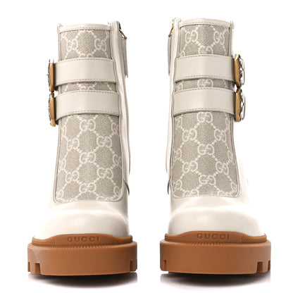 Gucci Kensington Calfskin Nappa GG Supreme Monogram Womens Double Buckle Ankle Boots 35.5 Mystic White Beige 2 of 11
