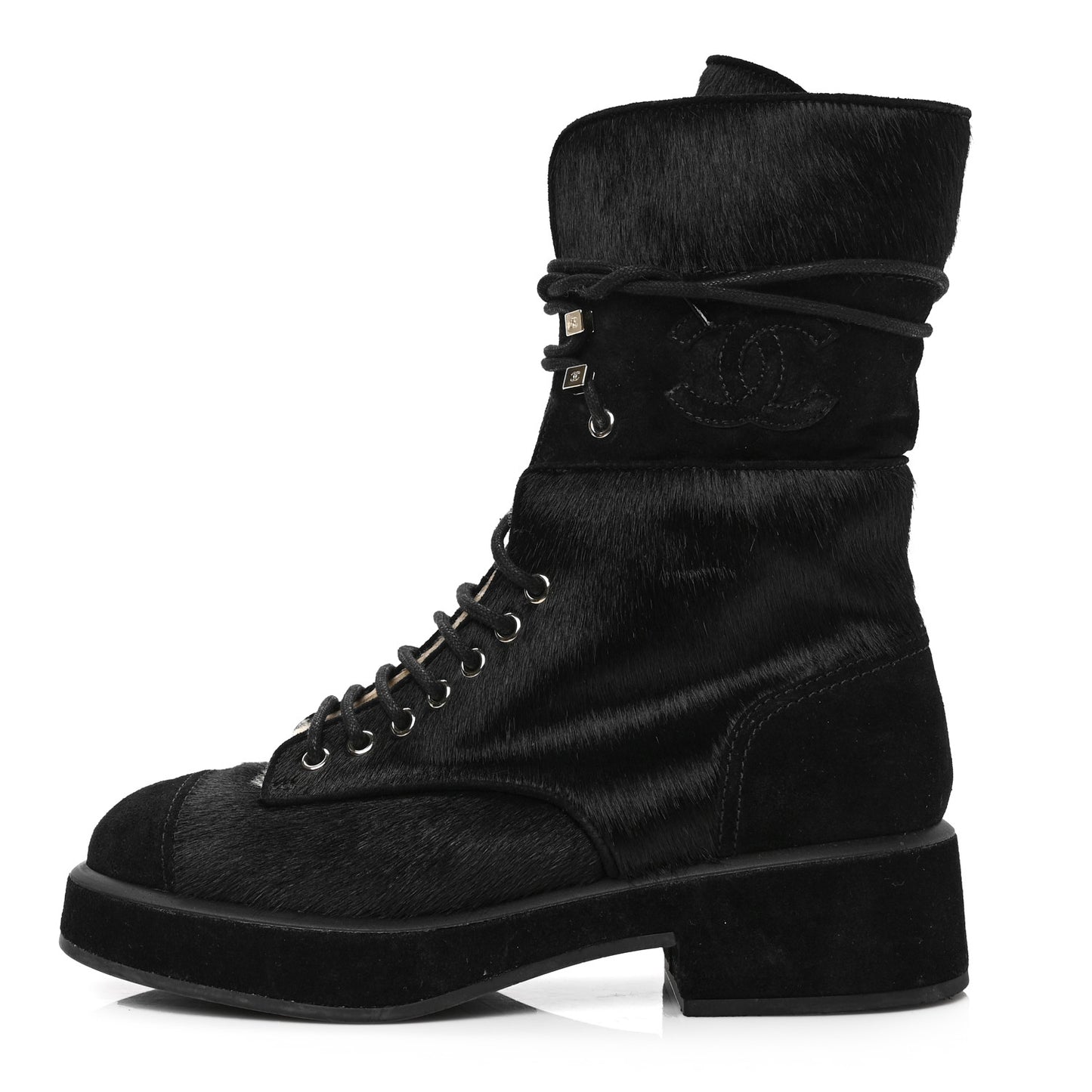 Suede Pony Hair Shearling Lace Up Combat Boots 38.5 Black White