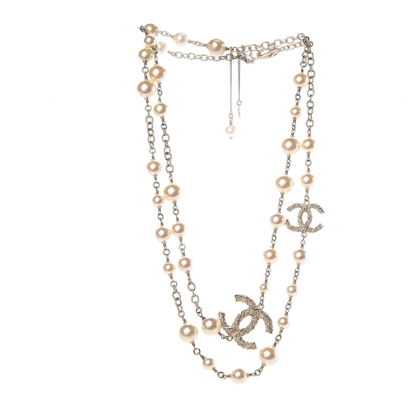 Graduated Pearl Crystal Twisted CC Long Necklace in Gold