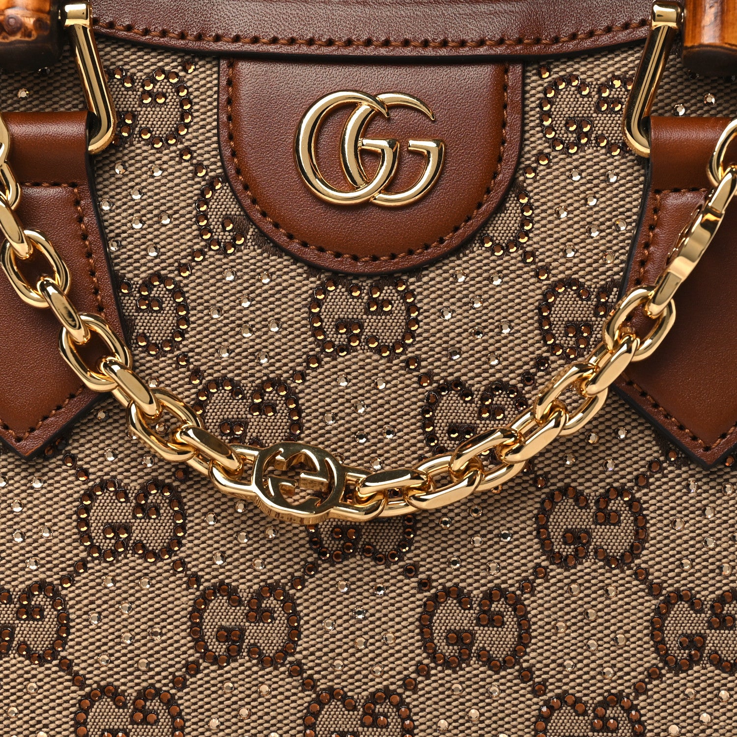Gucci New Canvas Charisma Calfskin Crystal GG Monogram Mini Diana Tote Bag Camel Ebony 8 of 10