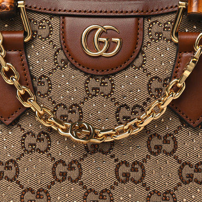 Gucci New Canvas Charisma Calfskin Crystal GG Monogram Mini Diana Tote Bag Camel Ebony 8 of 10