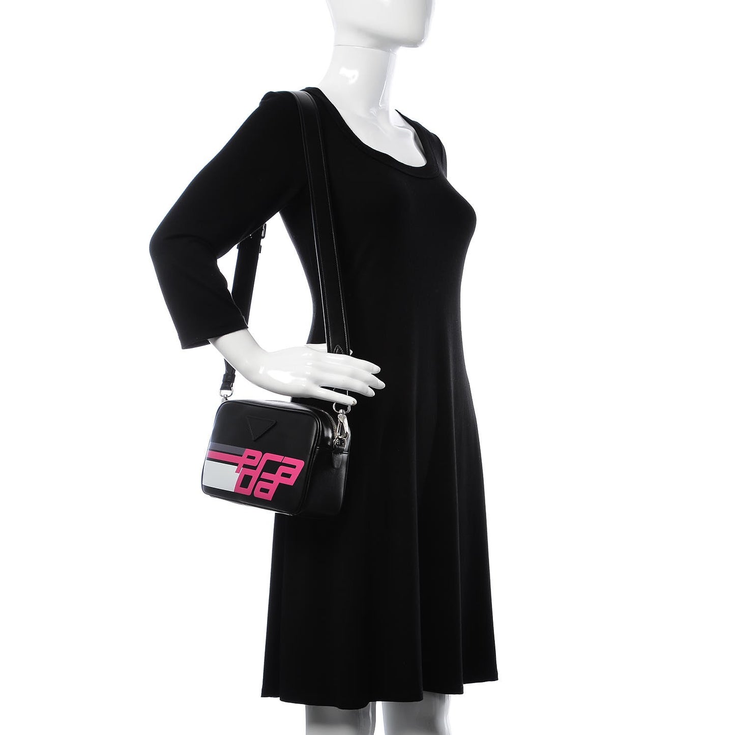 City Calfskin Racing Logo Camera Bag Black Fuxia
