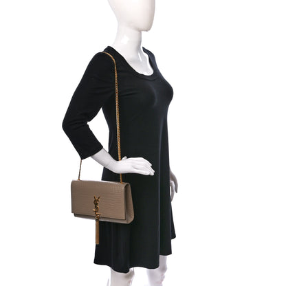 Saint Laurent Calfskin Crocodile Embossed Medium Classic Monogram Kate Tassel Satchel Dark Beige 2 of 10