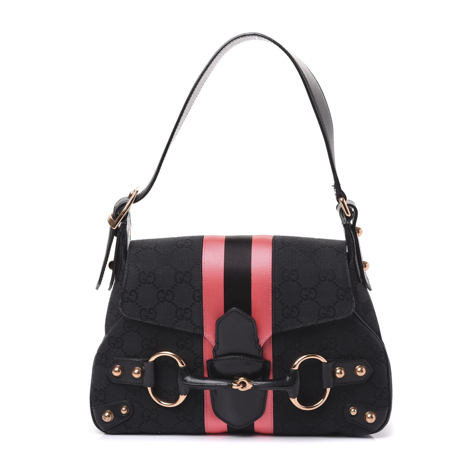 Gucci Monogram Horsebit Web Flap Bag Black Pink 1 of 7
