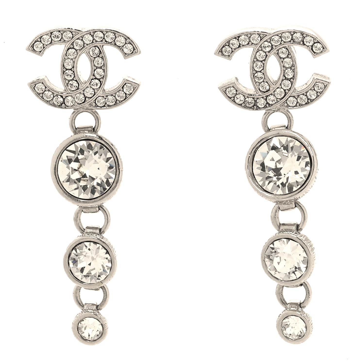 Chanel Metal Crystal CC Drop Earrings Silver 1 of 5