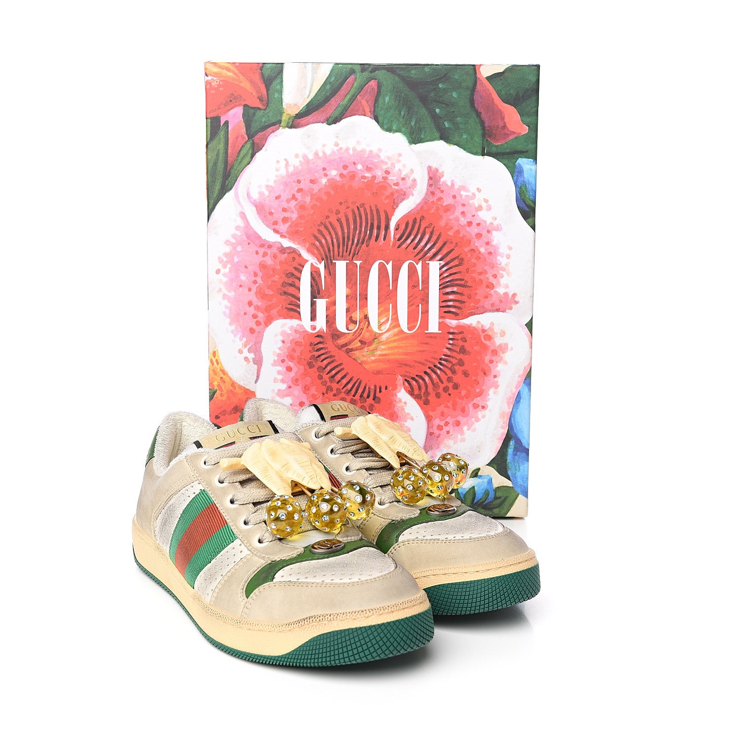 Gucci Nubuck Web Cherries Womens Screener Sneakers 36 Dusty Milk White Vintage Green 9 of 9