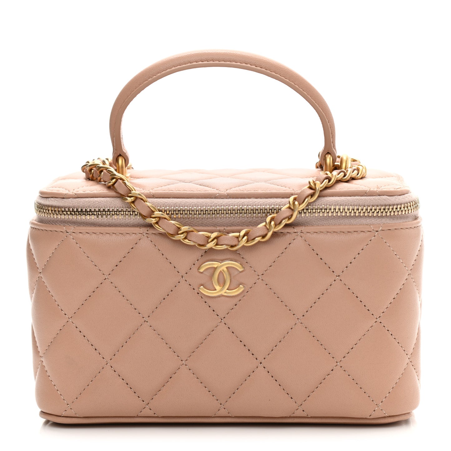 Lambskin Quilted Small Top Handle Vanity Case With Chain Beige