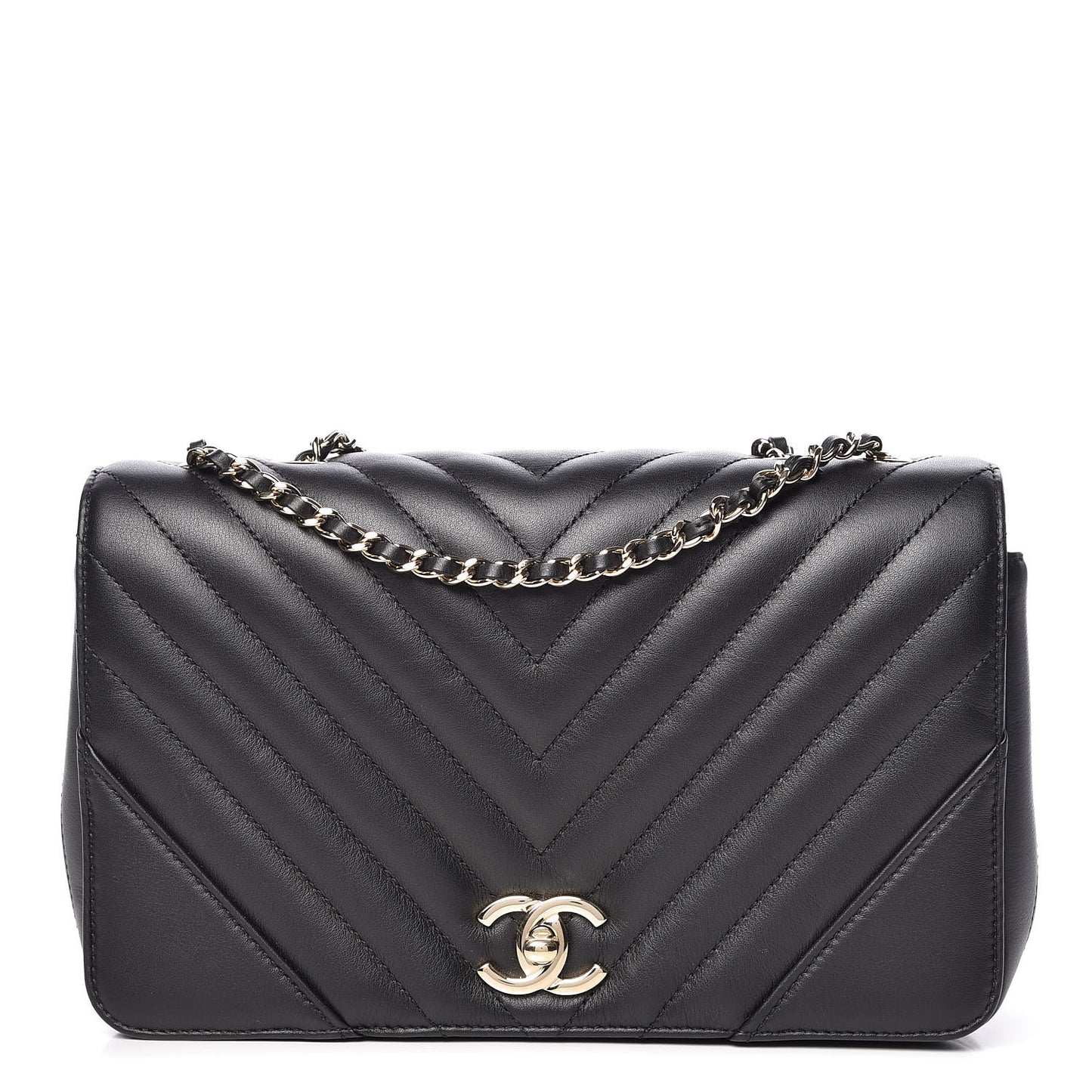 Calfskin Chevron Quilted Statement Flap Black