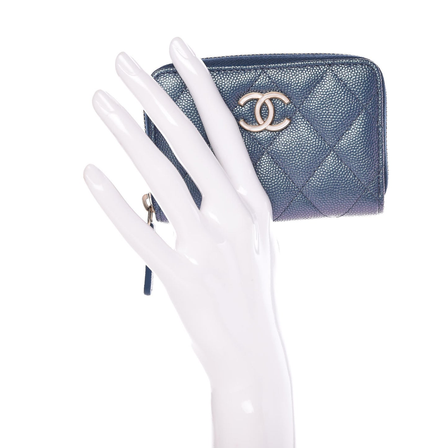Iridescent Caviar Quilted Zip Coin Purse Blue