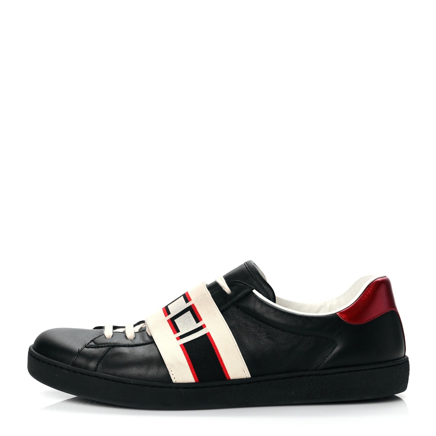 Calfskin Stripe Mens New Ace Sneakers 12 Black Ecru Red Flame