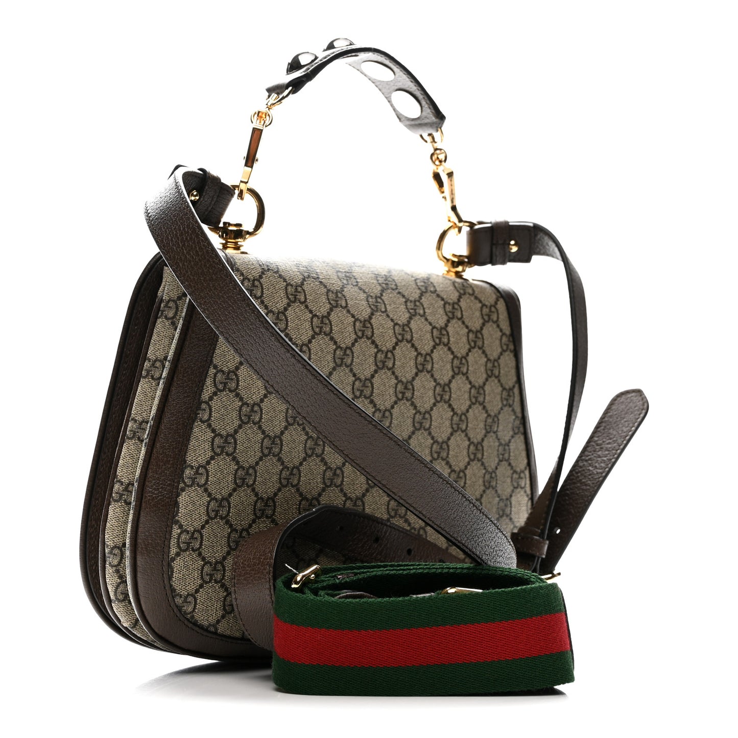 GG Supreme Monogram Textured Dollar Calfskin Web Medium Blondie Top Handle Shoulder Flap Bag Beige Ebony New Acero