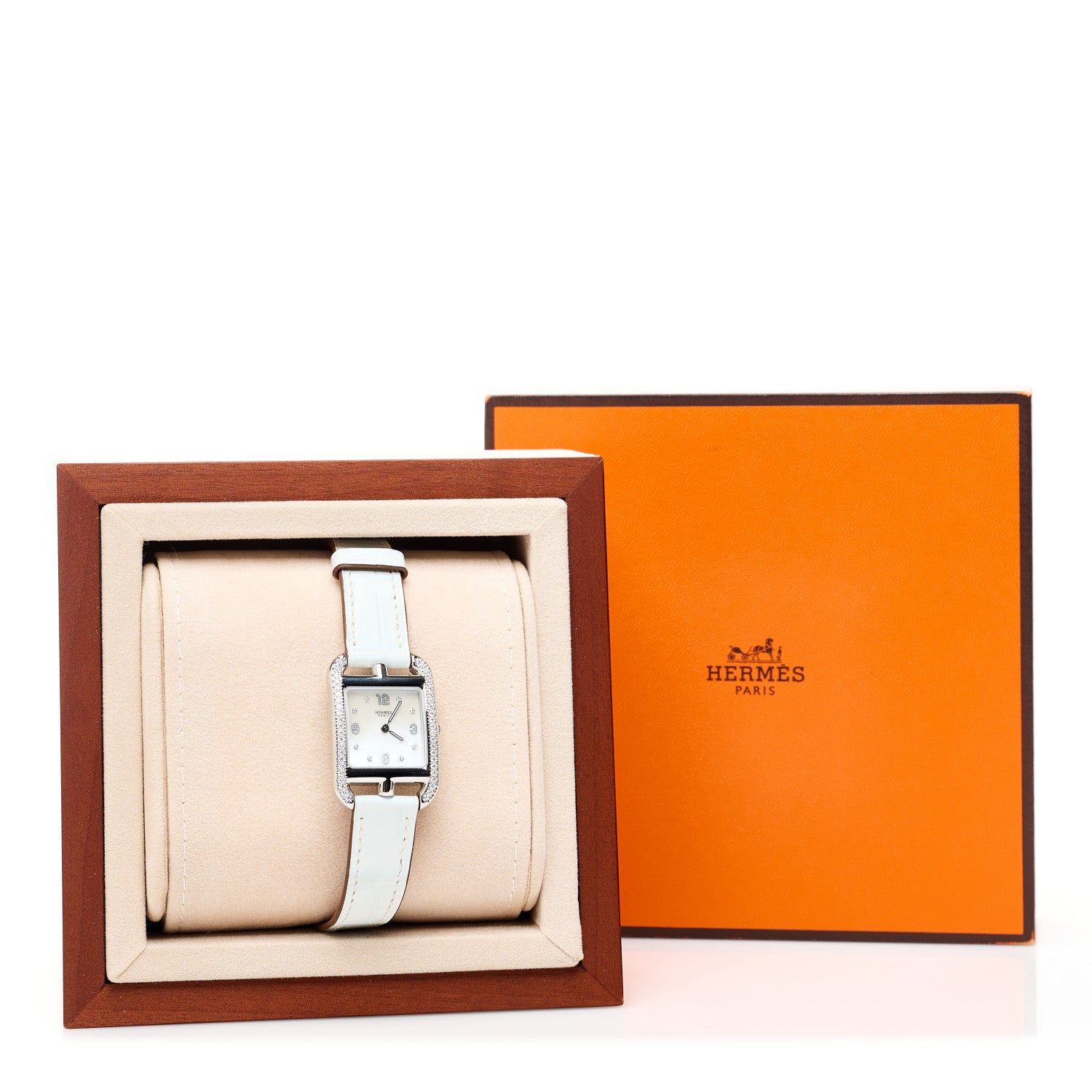 Hermes Stainless Steel Alligator Diamond Bezel Mother of Pearl 23mm Cape Cod Quartz Watch Blanc 5 of 5
