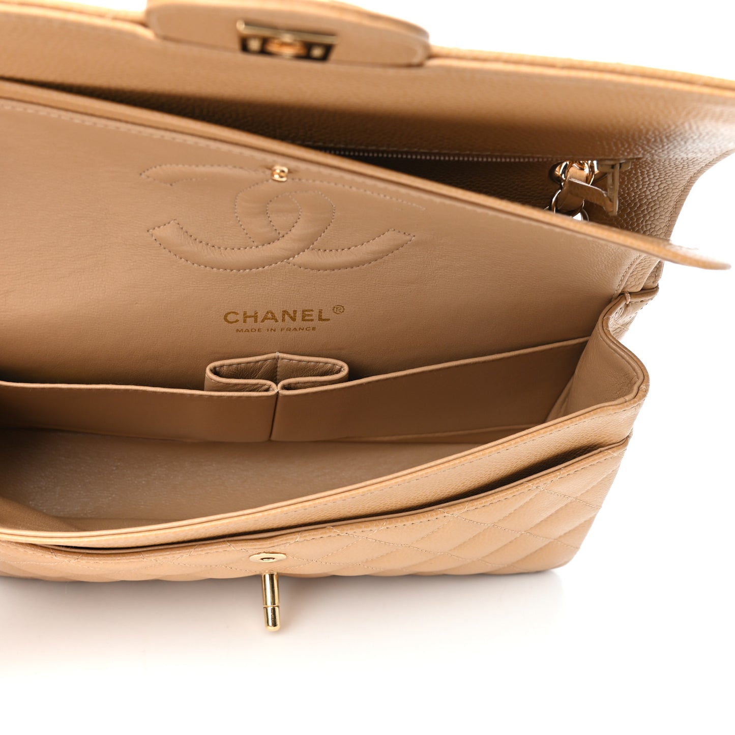 Caviar Quilted Medium Double Flap Beige