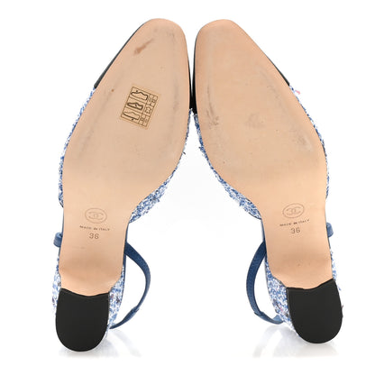 Chanel Tweed Grosgrain Cap Toe CC Slingback Pumps 36 Blue White Black 6 of 9