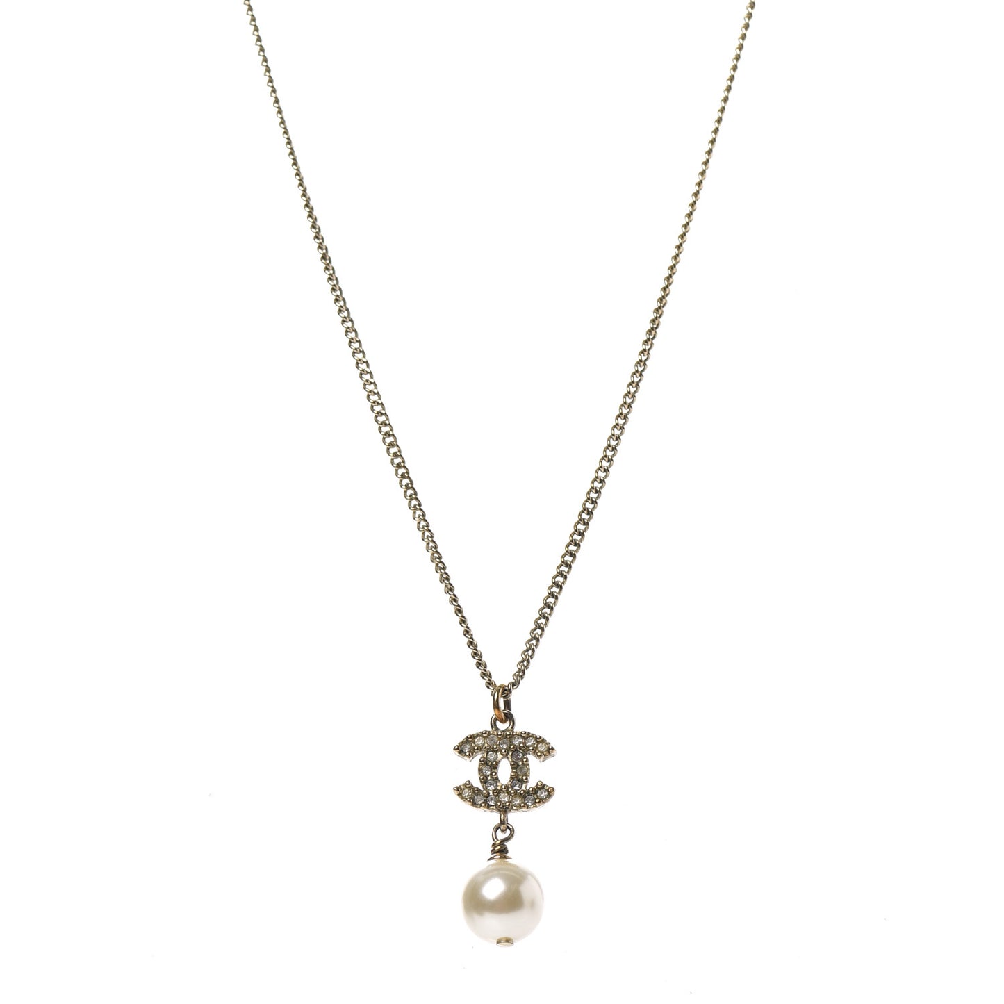 Crystal CC Pearl Drop Necklace Gold