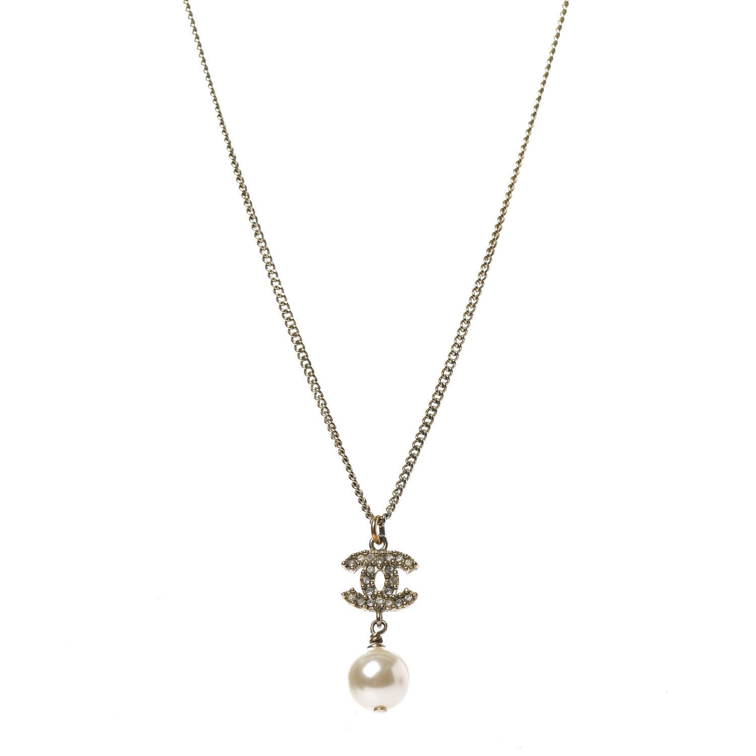 Chanel Crystal CC Pearl Drop Necklace Gold 1 of 5
